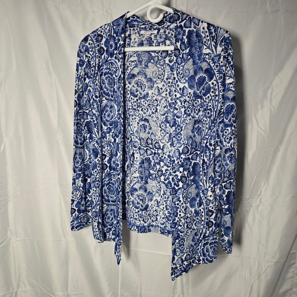 Chicos Floral Paisley Open Front‎ Cardigan Blue White indie boho Knit Size 0 S